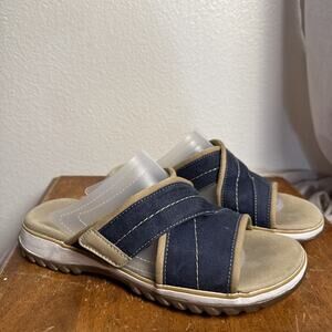Clarks Womens‎ Canvas Sandals Slide Open Toe Comfort Adjustable Band Blue Tan 6